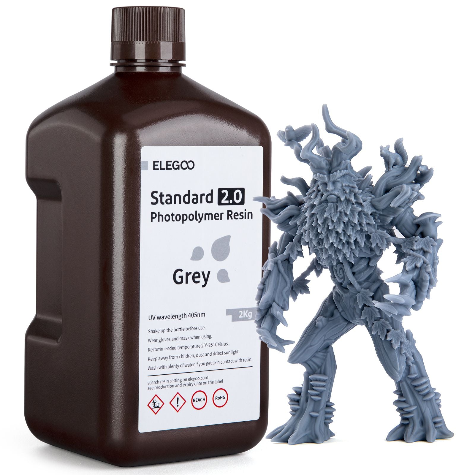 Resina para Impresora 3D ELEGOO, 2 kg, 405 nm, Resina Fotopolímera Estándar de Curado UV para Impresión 3D LCD, Alta Precisión, Bajo Olor, Gris 2000 g