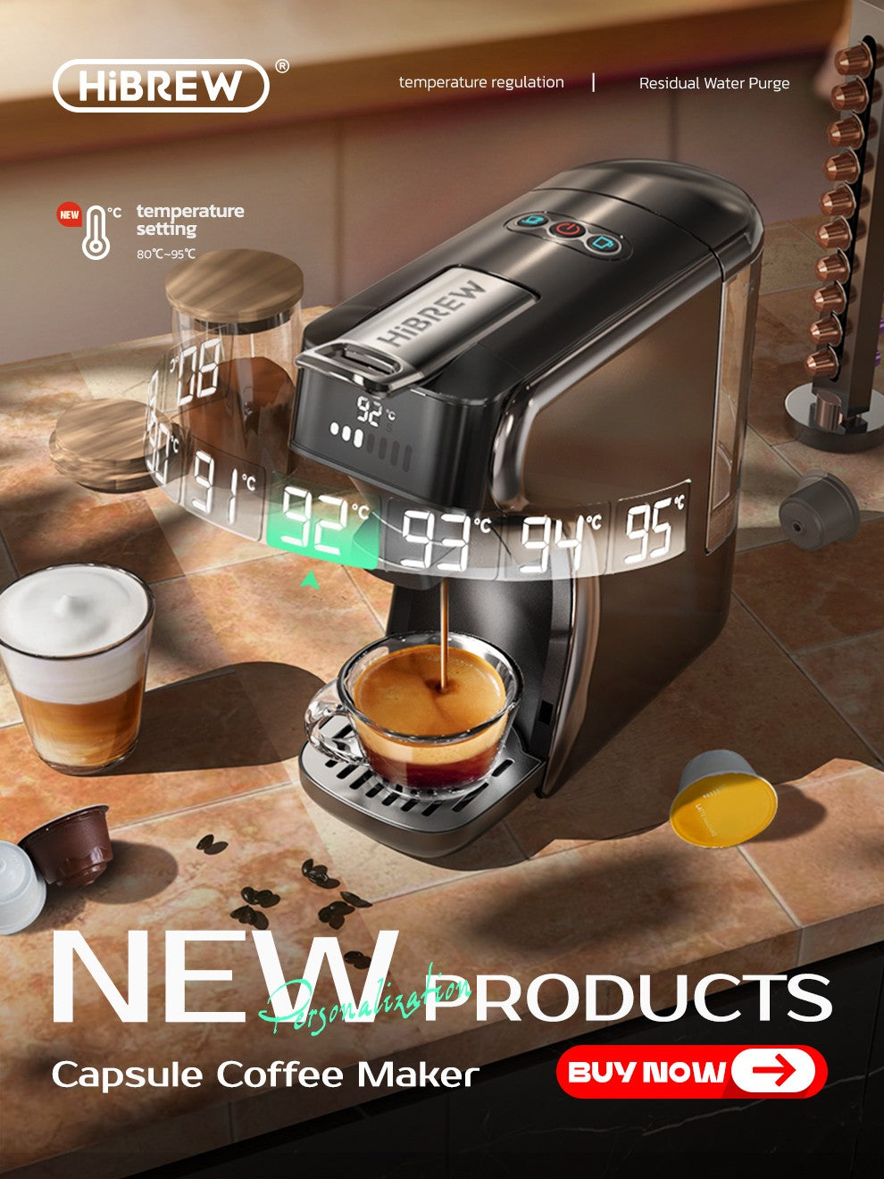 Máquina de café HiBREW 19 Bar 4 en 1, Cápsula múltiple caliente y fría, Cafetera Espresso, Cafetera de cápsulas Dolce Milk Nexpresso en polvo H1A