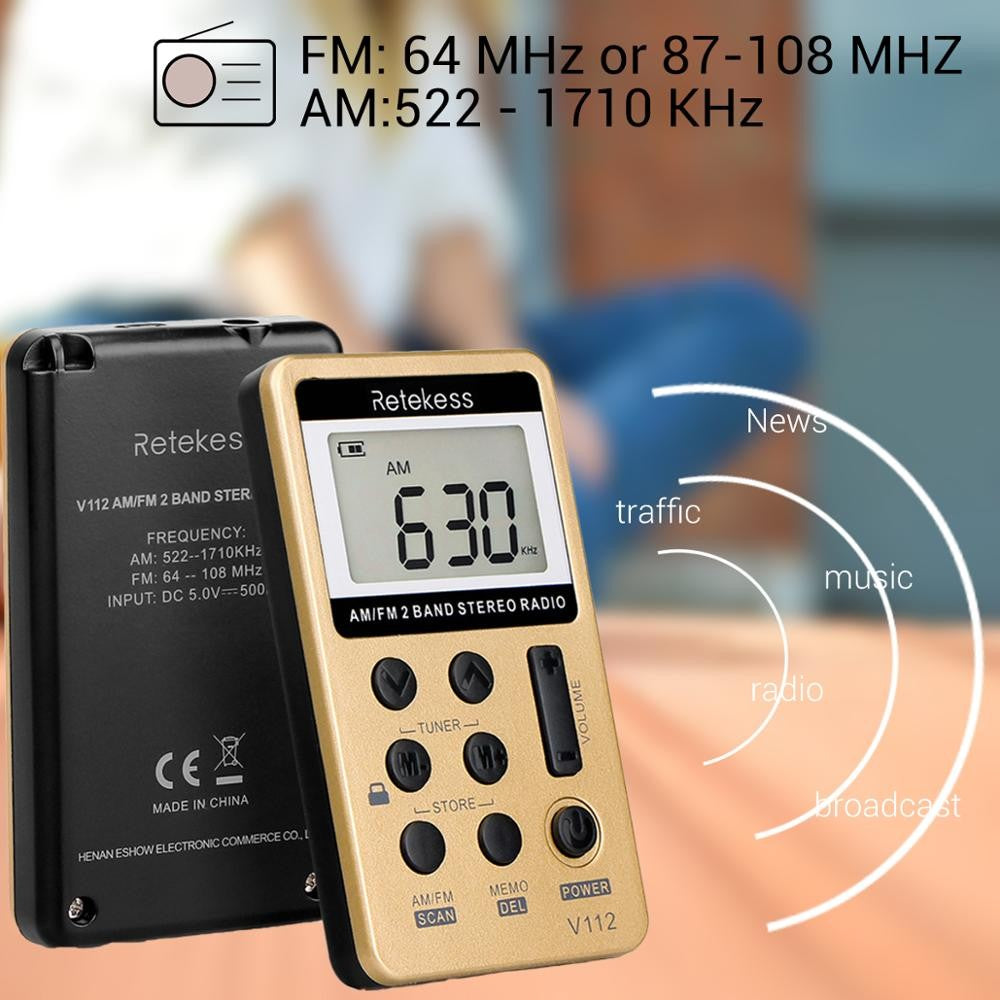 RETEKESS-Radio de 2 bandas V112, 10 piezas, FM, AM, Mini sintonización Digital portátil, receptor de Radio con batería recargable y auriculares