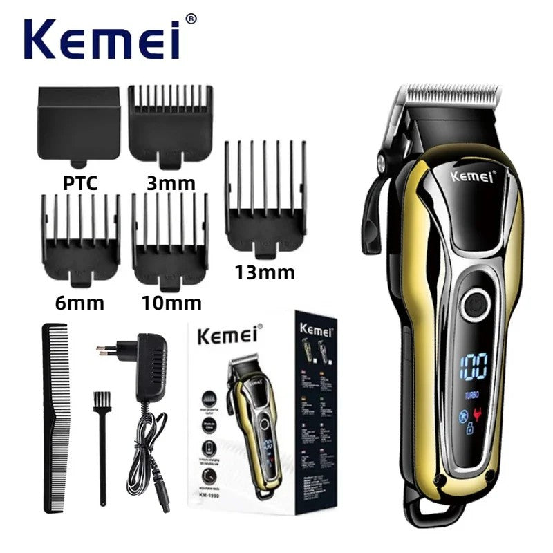 Kemei-cortadora de pelo KM-1990 para hombre, dispositivo profesional con pantalla LED, ajustable