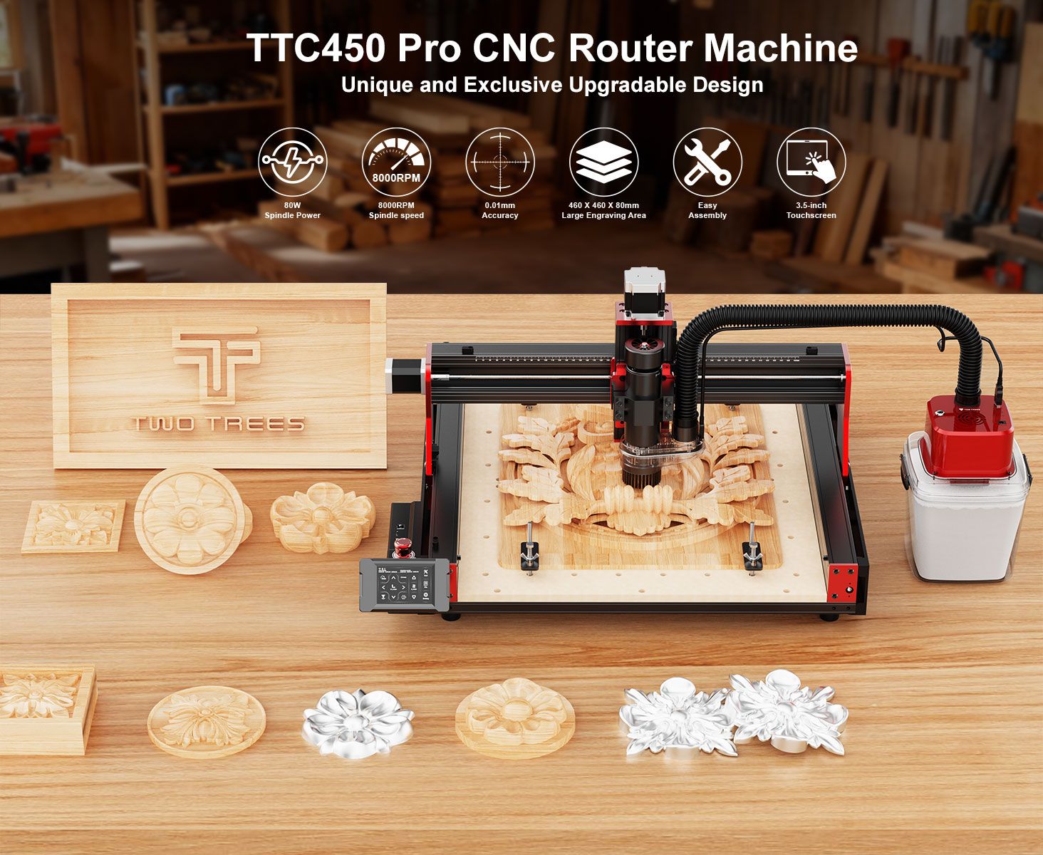 Twotrees-enrutador CNC de 3 ejes/4 ejes, fresadora y cortadora TTC450 PRO, grabador de joyería para madera, acrílico, PCB, PVC, MDF, Metal