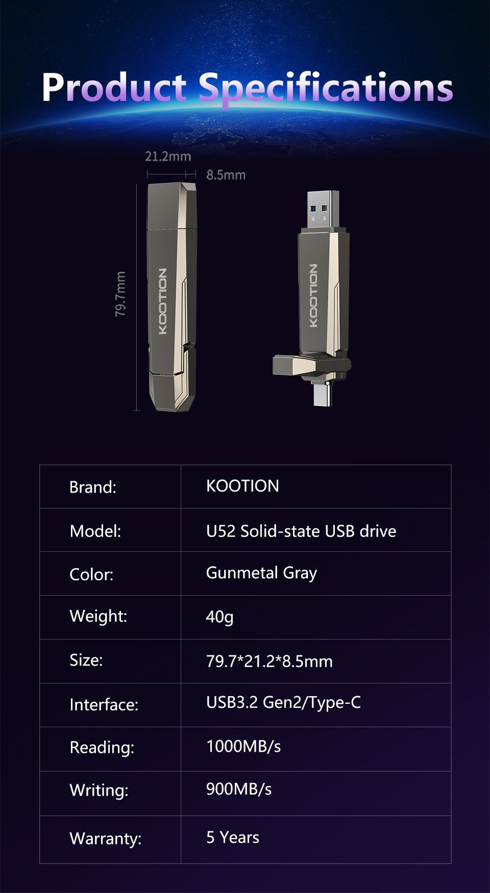 KOOTION U52 unidad de bolígrafo portátil de estado sólido USB 3,2 Gen 2 tipo C unidad Flash 1TB 512GB 256GB Pendrive SSD externo para PC iPhone