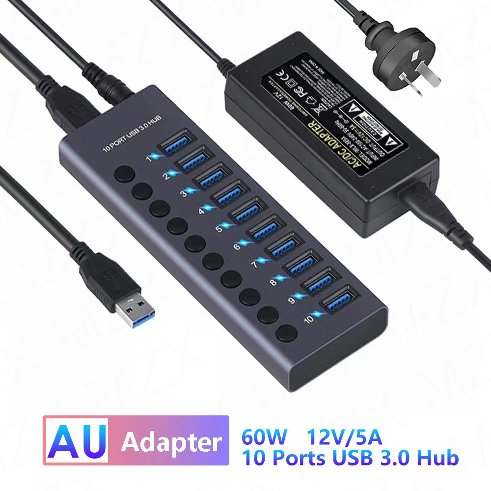 USB 3,0 Hub Socket Switch 4 6 10 puertos concentrador multi-tap multipuerto estación de acoplamiento cargador fuente de alimentación múltiple tipo C