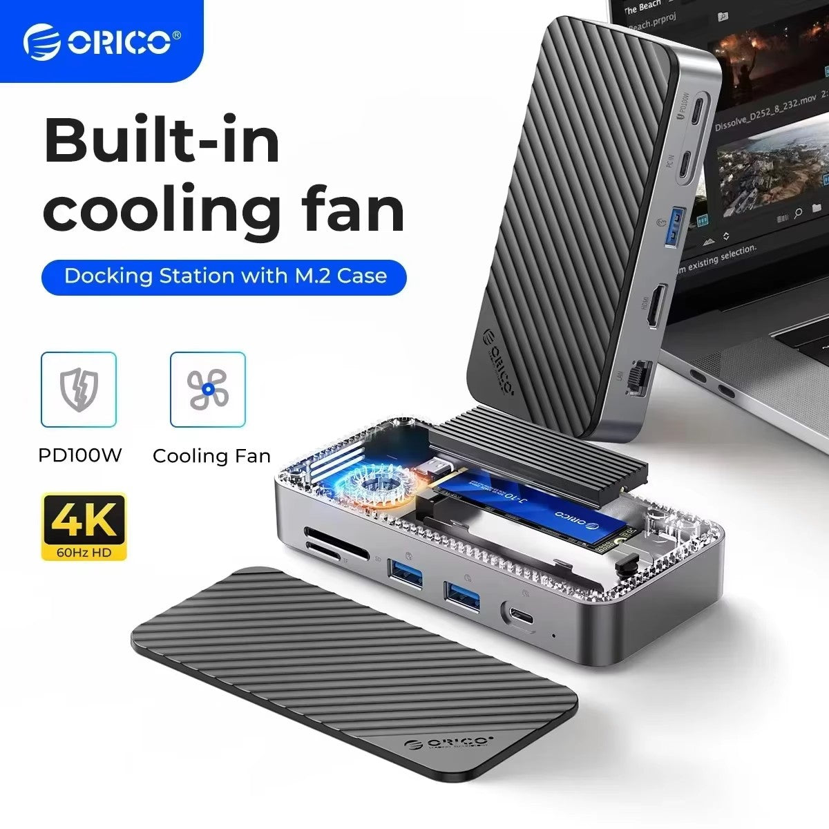 ORICO tipo C HUB con ventilador de refrigeración M.2 NVMe SATA SSD gabinete externo 10Gbps 4K 60Hz HDMI-Com RJ45 SD/TF estación de acoplamiento USB