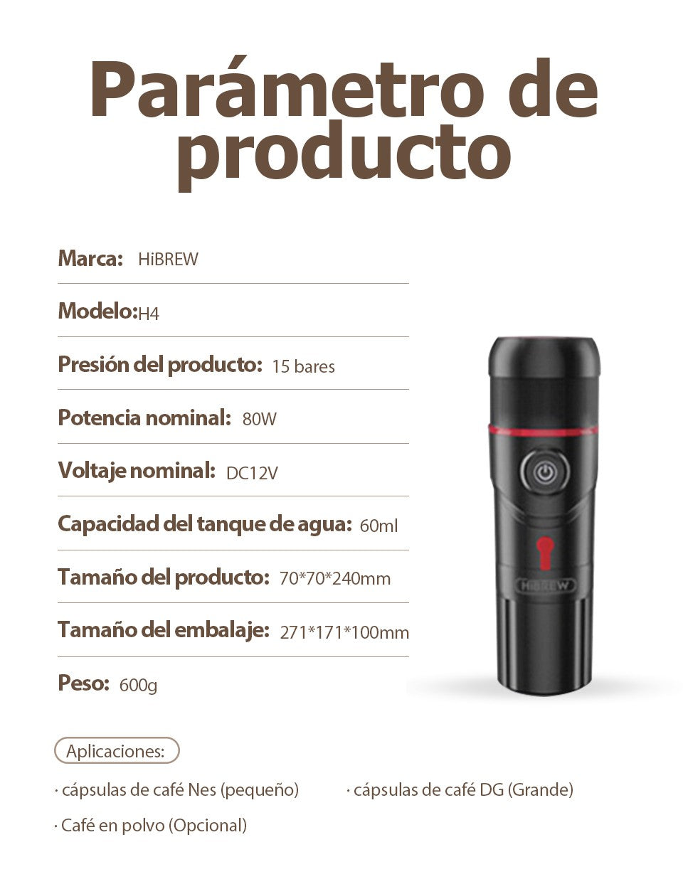 HiBREW Máquina de Café Portátil para Coche y Hogar, Cafetera de Expreso, Compatible con Cápsulas Dolce Nespresso y Café Molido, CC de 12 V, Dispositivo H4