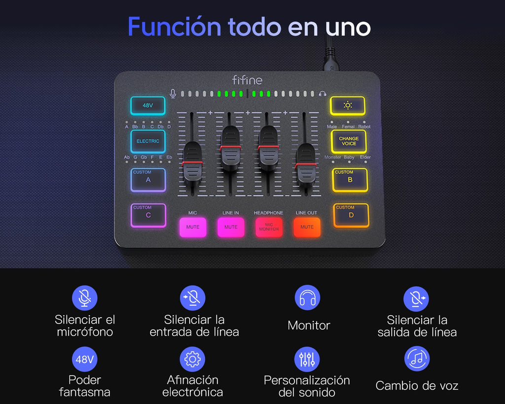 FIFINE mezclador de Audio para juegos, mezclador de transmisión de 4 canales RGB con interfaz de micrófono XLR, para voz de juego, Podcast,AmpliGame SC3