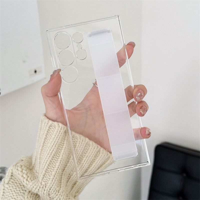 Funda de silicona elástica de lujo con correa para la muñeca para Samsung Galaxy S25Edge S24 S23 Ultra Plus, cubierta fina transparente mate para PC dura a prueba de golpes