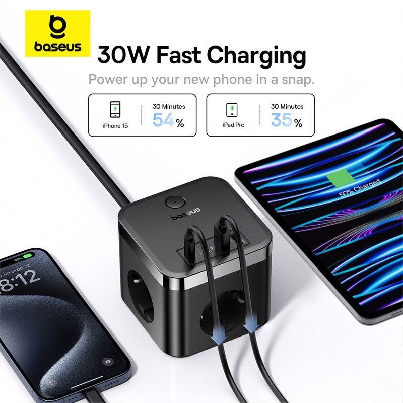 Baseus-cargador de 30W, regleta de alimentación rápida, salida de 4000W 3AC, estación de carga de escritorio, protección contra sobretensiones para tableta, iPhone, Samsung, Xiaomi