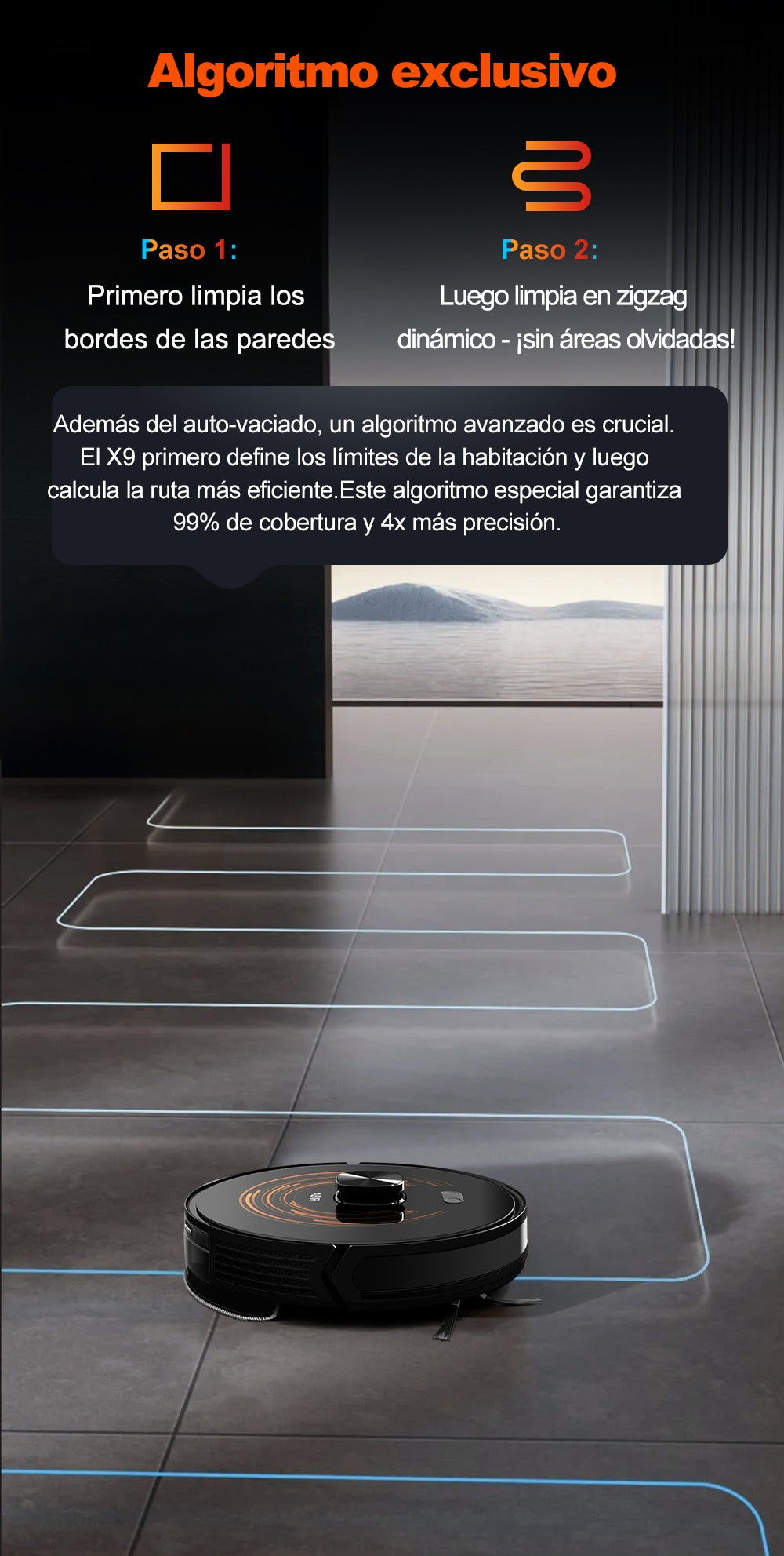 (Código de cupón: GCC800)  Robot Aspirador ABIR X9, Navegación Láser, Succión 6500Pa, Mapa Multiplantas, Doble Lámpara UV, Control Inteligente de Zonas, Tecnología de Refuerzo Automático para Alfombras, Versión de Gama