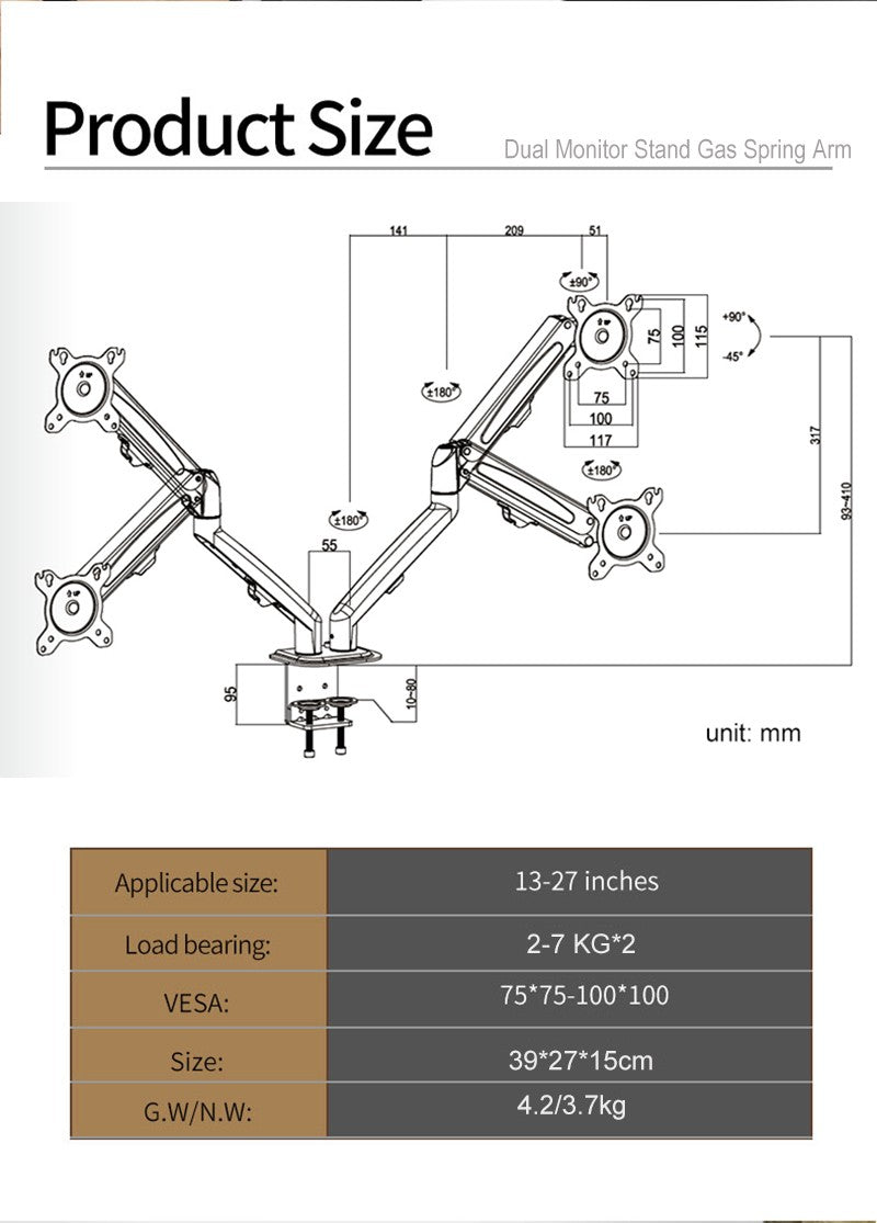 Hyvarwey-Soporte de escritorio para Monitor Dual G08-24, montaje para pantallas LCD de 13 a 27 pulgadas, rotación e inclinación, ajuste de dos brazos