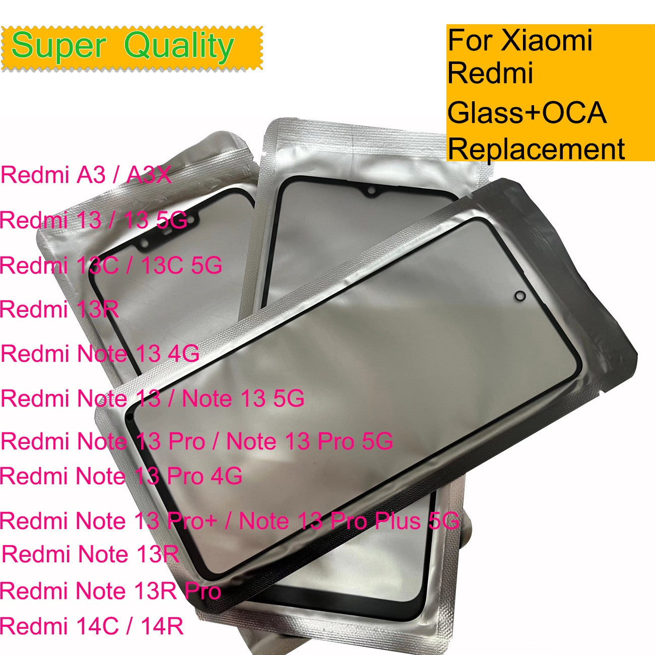 Lote de 10 Piezas para Xiaomi Redmi Note 13 Pro 4G 13 13R 13C 5G 14C 14R, Panel de Pantalla Táctil, Cristal Exterior Frontal con OCA