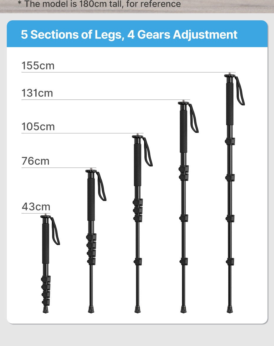 Ulanzi-trípode de aluminio para cámara DSLR, ligero de 1/4 monopié/3/8 pulgadas, palo de Selfie de viaje y senderismo, máx. 155cm, carga de 5KG