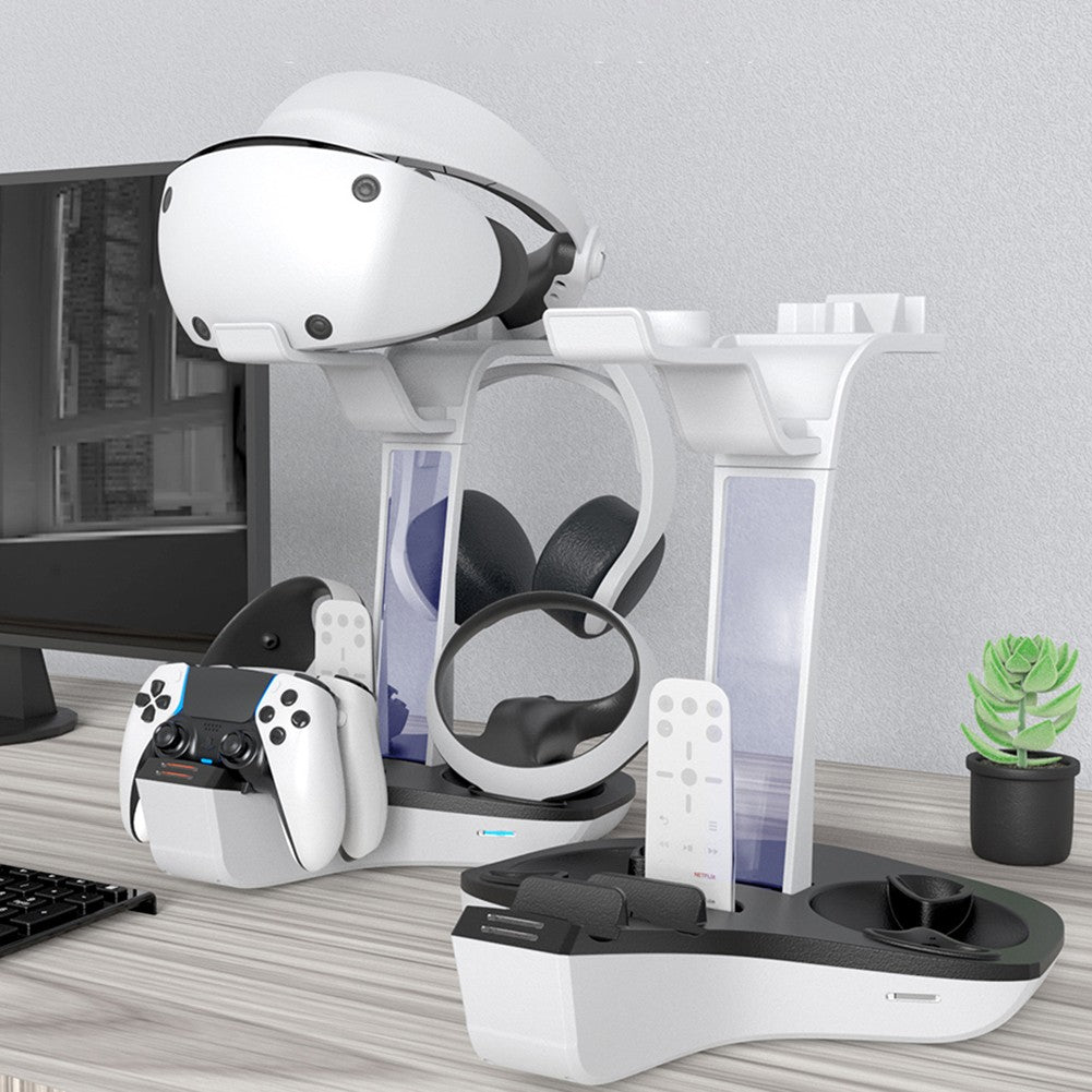 Base de carga para PS5 PS VR2, soporte de auriculares, controlador, estación de carga, luz indicadora LED, almacenamiento de auriculares para casco