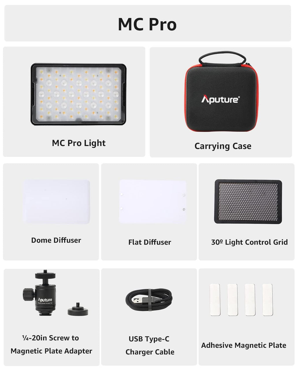 Aputure MC Pro RGBWW Luz LED, 2000K-10000K Soporte Atracción magnética Protección IP65 15 Efectos de luz incorporados Control por aplicación