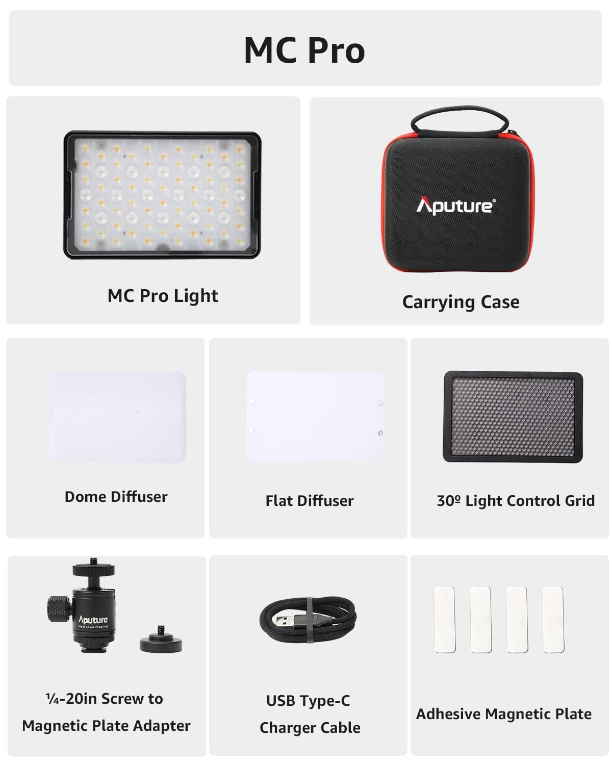 Aputure MC Pro RGBWW Luz LED, 2000K-10000K Soporte Atracción magnética Protección IP65 15 Efectos de luz incorporados Control por aplicación