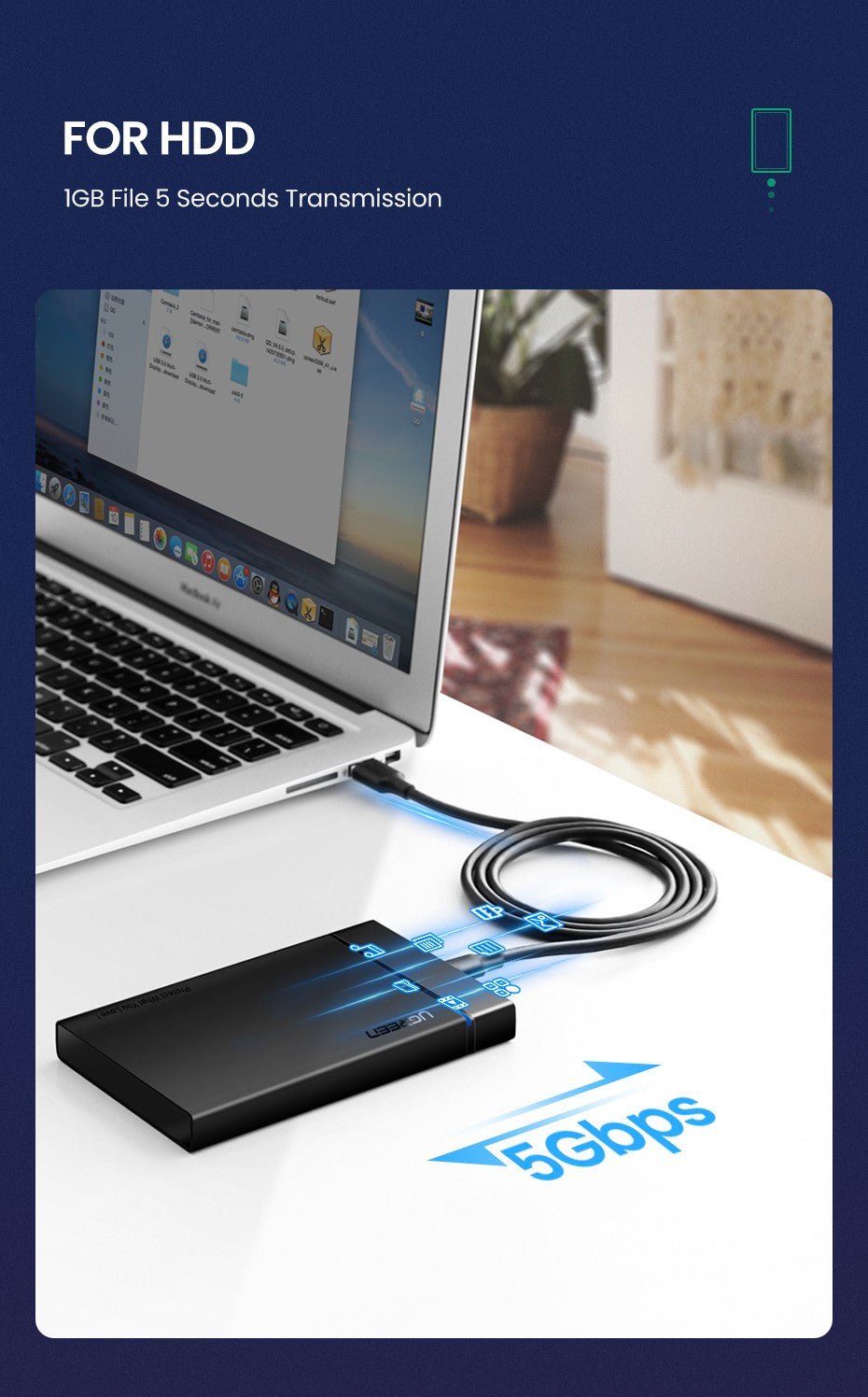 UGREEN Cable USB C 5Gbps USB3.0 A a USB C para iPhone 17 16 15 iPad Samsung S25 S24 para Switch M2 SSD NVME USB3.0 Cable de datos de 18W