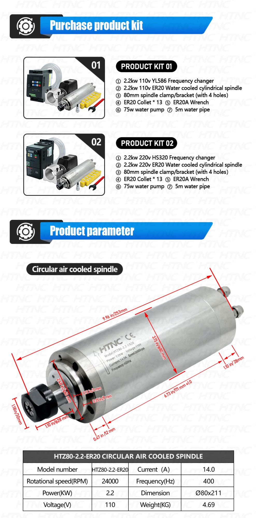 Motor de husillo CNC de 2200W, 220v ER20, 2,2 kW, husillo de refrigeración por agua redondo, 24000RPM + 2,2 kW VFD 50/60hz + bomba de agua + soporte de 80mm