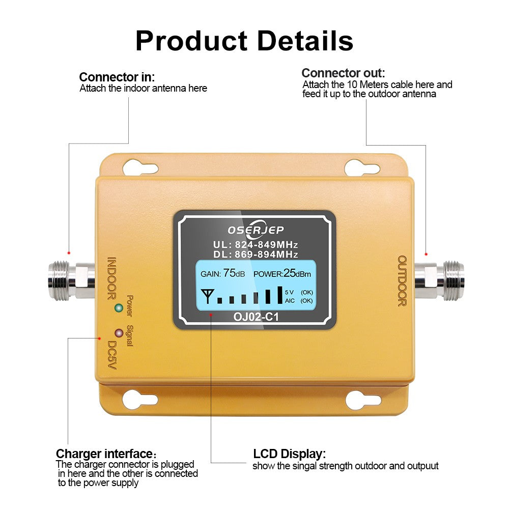 Repetidor 850 MHz Band5 70dB LCD 2G 3G 4G 850mhz UMTS GSM CDMA repetidor de señal de teléfono móvil amplificador celular