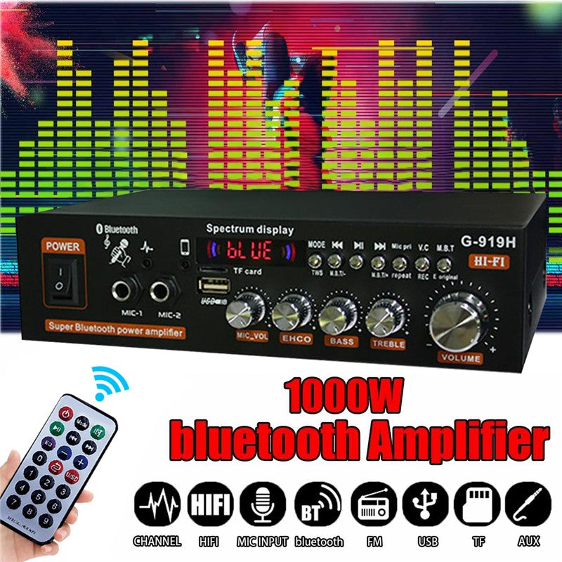 Amplificadores de potencia G919H 1000W para el hogar y el coche, 2 canales, Bluetooth, sonido envolvente, FM, USB, Control remoto, Mini amplificador estéreo Digital HIFI
