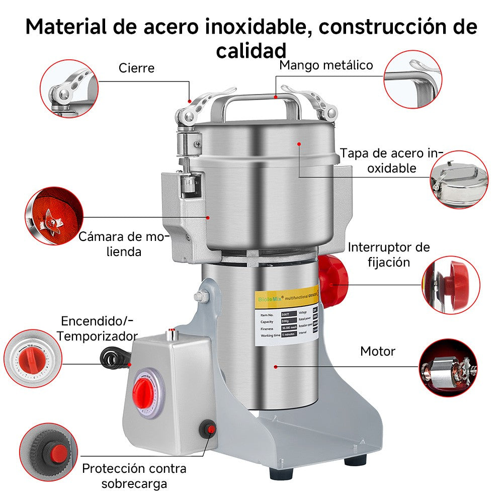 BioloMix 800g 700g Molino triturador de granos, especias, hierbas, cereales, café y alimentos secos, máquina de molienda, molino de harina, trituradora de polvo