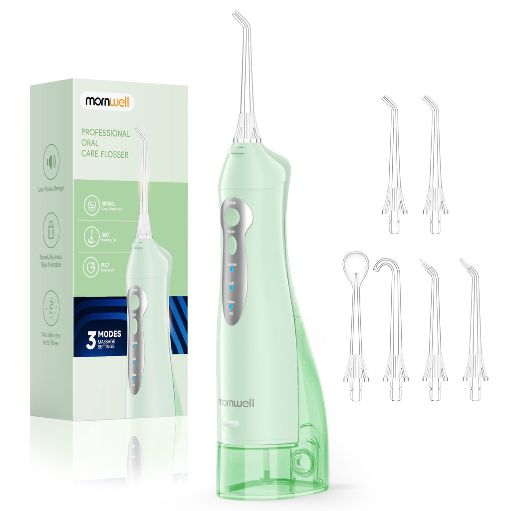 Irrigador Bucal Mornwell con 6 Boquillas y 3 Modos, Irrigador Dental Inalámbrico Portátil D52, Limpiador de Dientes con Resistencia al Agua IPX7