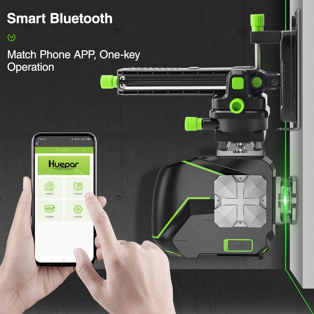 Huepar S03CG Set nivel láser de línea cruzada 3D Bluetooth y control remoto 12 líneas láser de haz verde Osram con receptor trípode telémetro