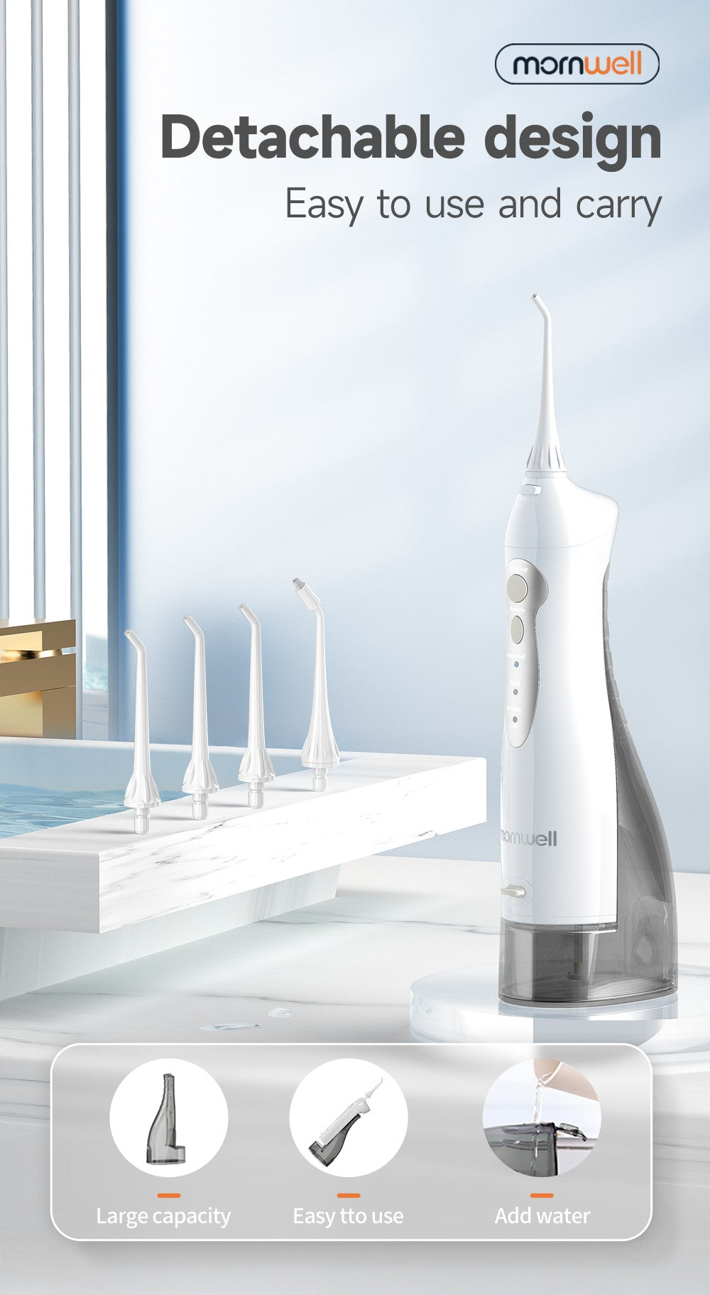 Irrigador Bucal Mornwell con 6 Boquillas y 3 Modos, Irrigador Dental Inalámbrico Portátil D52, Limpiador de Dientes con Resistencia al Agua IPX7