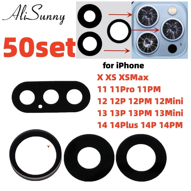 AliSunny-Conjunto de 50 lentes de cámara trasera para iPhone, cubierta de cristal, piezas de anillo, para modelos 13, 14, 7, 8 Plus, X, XS, Max, XR, 11, 12 y 15pro Max
