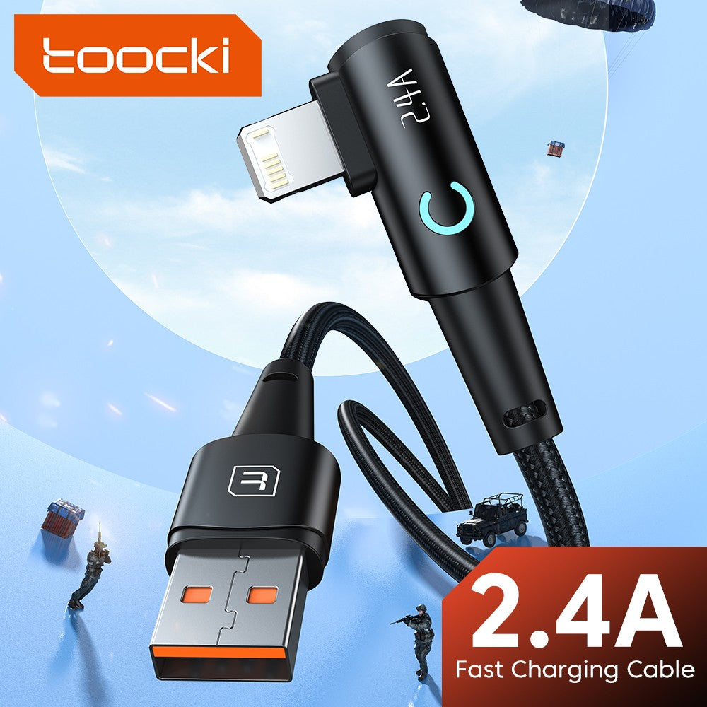 Toocki 2.4A Cable USB para iPhone 8 7 Plus X XR LED codo trenzado Cable iP de carga rápida para Pad iPhone 14 13 Pro Max Cable de datos USB