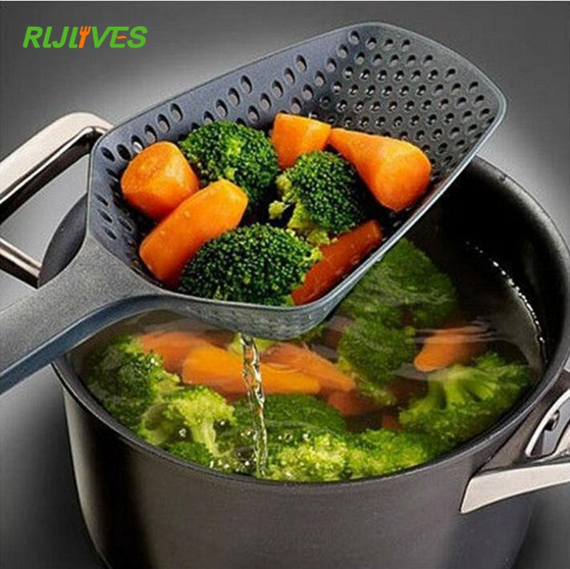 RLJLIVES 1 pieza de palas de cocina negras, colador de verduras, cuchara de nailon, colador grande, filtro de sopa, herramientas de cocina