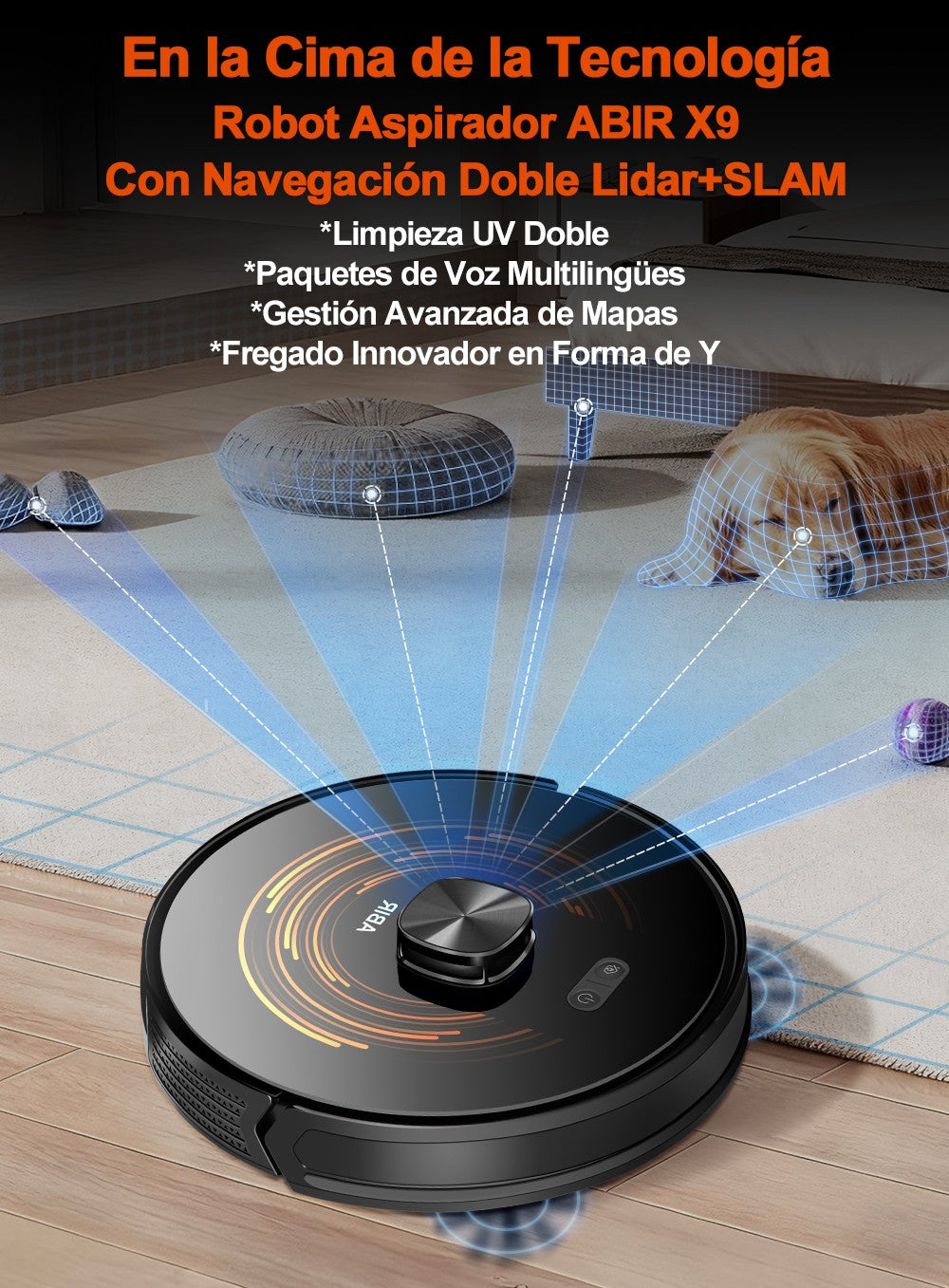 Robot Aspirador ABIR X9, Sistema Láser, Limpieza UV Doble, Tecnología Auto Carpet Boost, Mapas de Múltiples Pisos, Limpieza Personalizada por Habitaciones