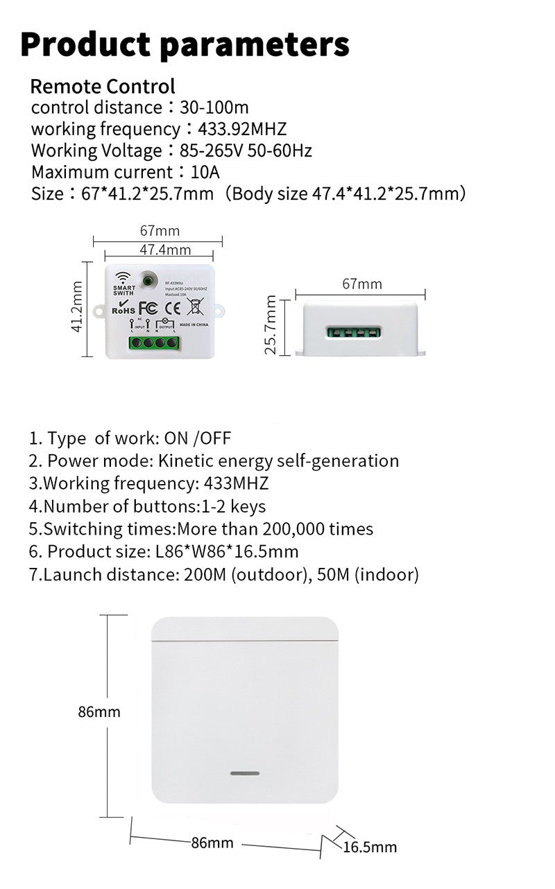 Interruptor inalámbrico RF 433Mhz Interruptor de luz Control remoto 86 Panel de pared 10A 110V-220V Receptor para lámpara LED ventilador
