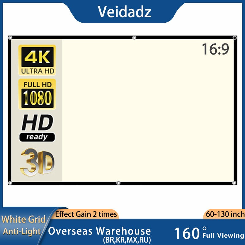 VEIDADZ Pantalla de proyector Rejilla blanca Anti-luz Ángulo de visión de 160 ° 60 72 84 100 120 130 pulgadas Borde negro Gancho de metal Pantalla reflectante