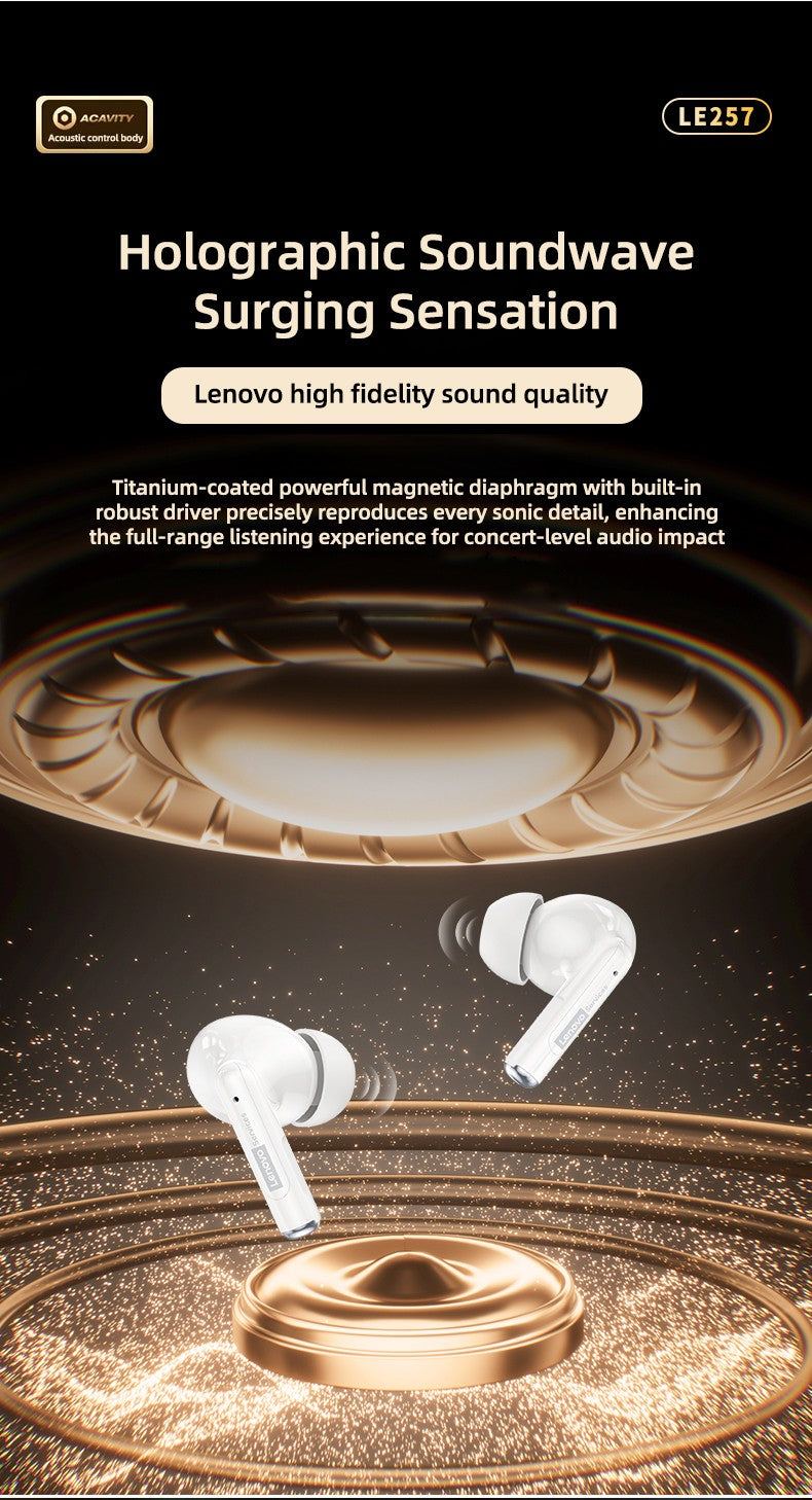 Auriculares Inalámbricos Lenovo LE257 con Bluetooth 6.0, Sonido HiFi, Cancelación de Ruido ENC, Auriculares TWS para Juegos y Deportes con Micrófono