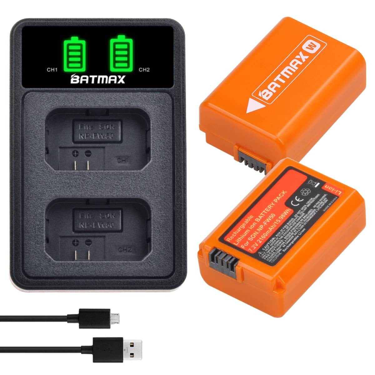 Batería Batmax 2160mAh NP-FW50 NPFW50 + nuevo cargador Dual LED para Sony ZVE10 a6500 a6300 a6000 a5000 a3000 NEX-3 a7R a7S NEX-7