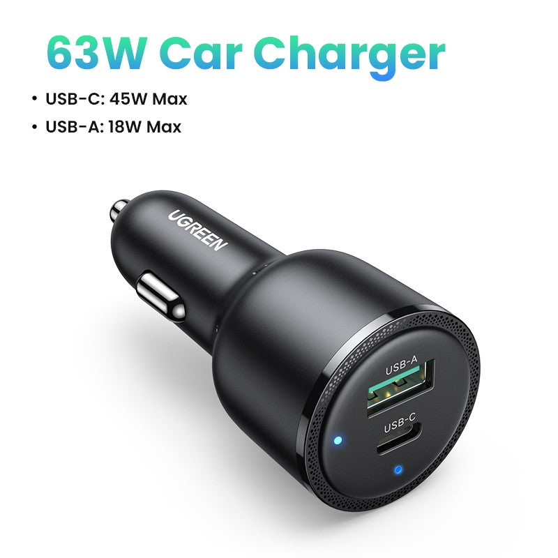 Nuevo en UGREEN 63W cargador de coche PD QC 3,0 PPS 45W USB tipo C carga rápida para iPhone 17 16 Samsung Xiaomi cargador de teléfono móvil