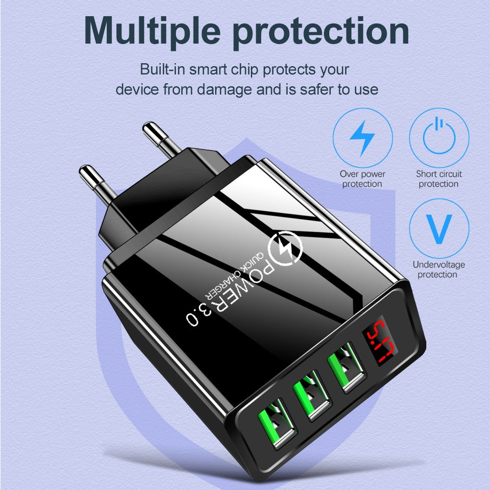 Cargador USB de 3 puertos, adaptador de pared de carga rápida con pantalla Digital LED para Samsung S23 Xiaomi 14 Pro Huawei Mate 60 Redmi