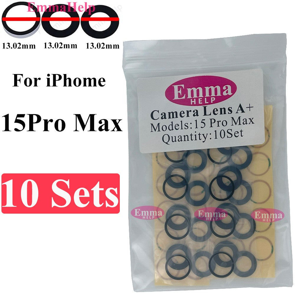 EmmaHelp Juego de 10 cristales de repuesto para cámara trasera de iPhone 15 14 13 XR X XS SE 7 8 11 12 Pro Max, cubierta de lente de cámara trasera, adhesivo de repuesto A+
