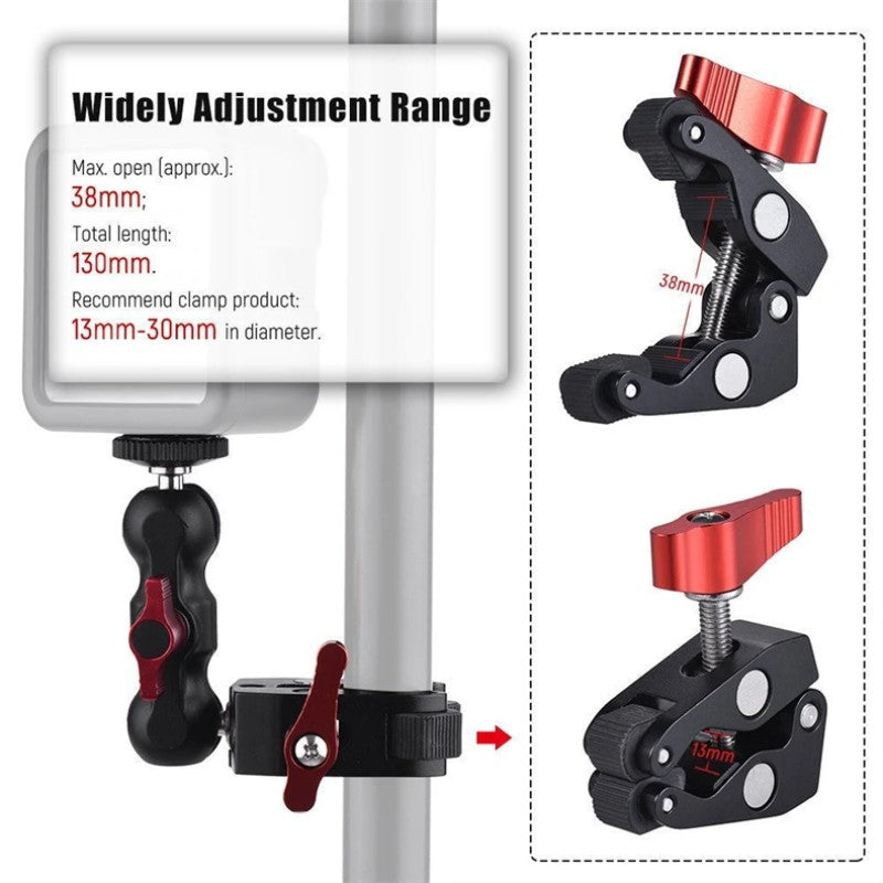 Monitor de montaje con abrazadera para cámara Super Clamp 360 °   Adaptador de cabeza de bola doble con brazo mágico Ballhead para cámara DSLR/Gopro/luces LED/teléfono