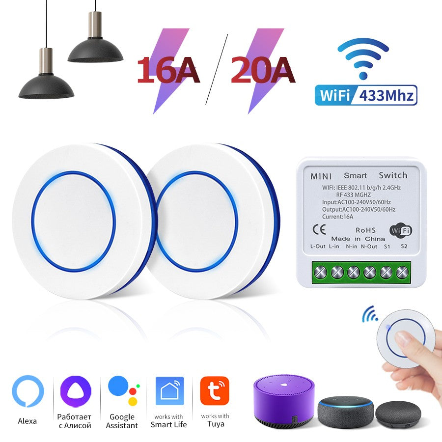 Wifi Tuya interruptor inteligente RF 433MHz 16/20A Alexa asistente de Google Alice relé inalámbrico DIY Mini módulo para iluminación Led de Panel de pared