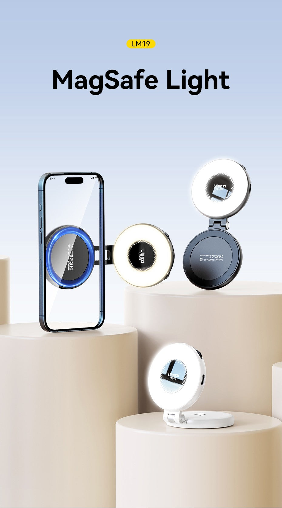 Ulanzi LM19 MagSafe Light CRI 95+ para fotografía Vlog Livestream Luz de relleno con tapa bicolor adecuada para teléfonos móviles magnéticos