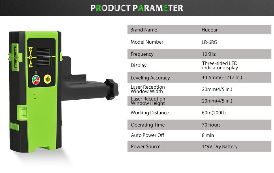 Receptor láser Digital Huepar, Detector de nivel láser de línea cruzada para exteriores, pulsación de Color verde con abrazadera para haces huepar rojos/verdes