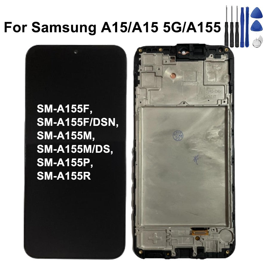 Pantalla Super AMOLED A15 A155F para Samsung A15 5G A156B, SM-A156P SM-A156U pantalla LCD Digitalizador de pantalla táctil con marco