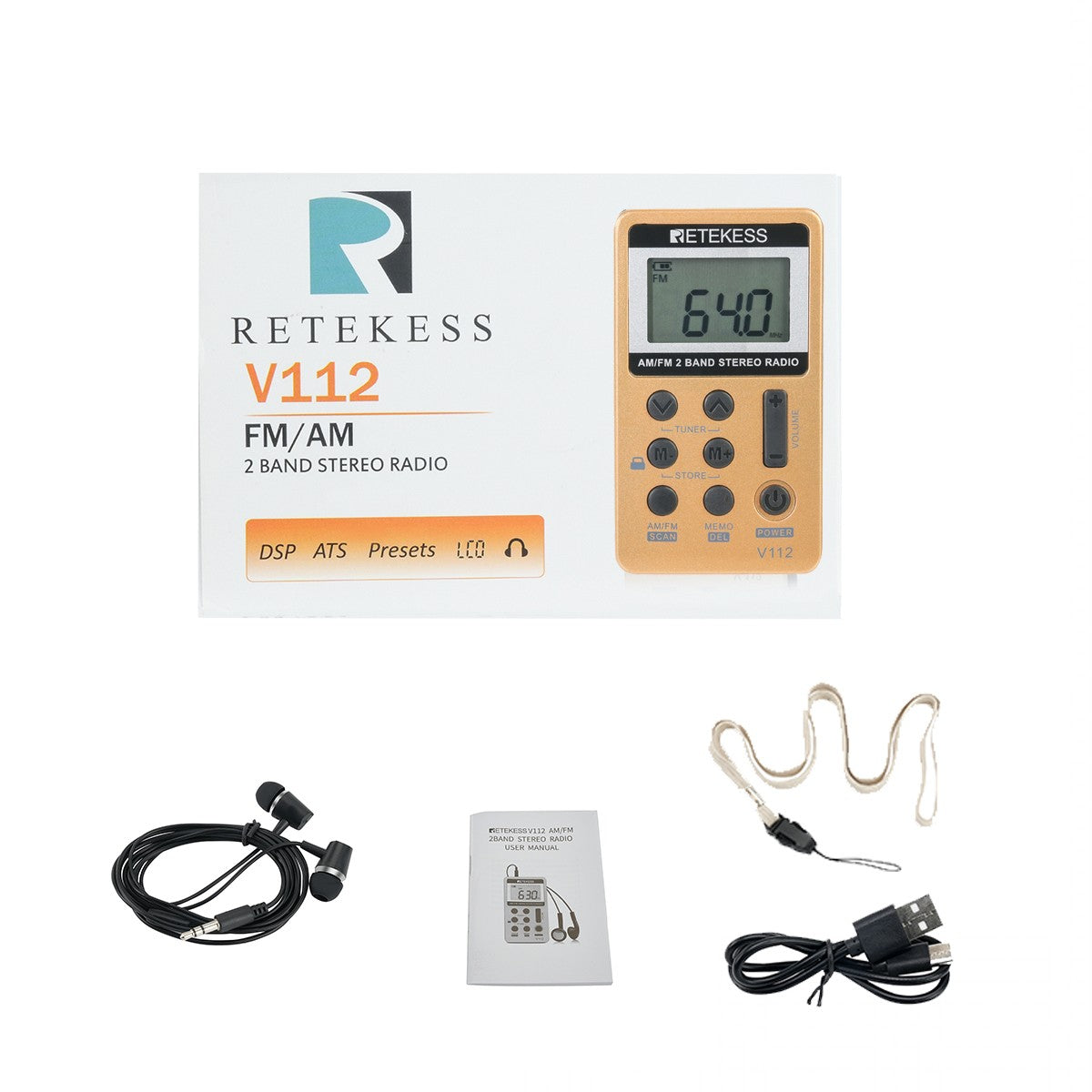 RETEKESS-Radio de 2 bandas V112, 10 piezas, FM, AM, Mini sintonización Digital portátil, receptor de Radio con batería recargable y auriculares
