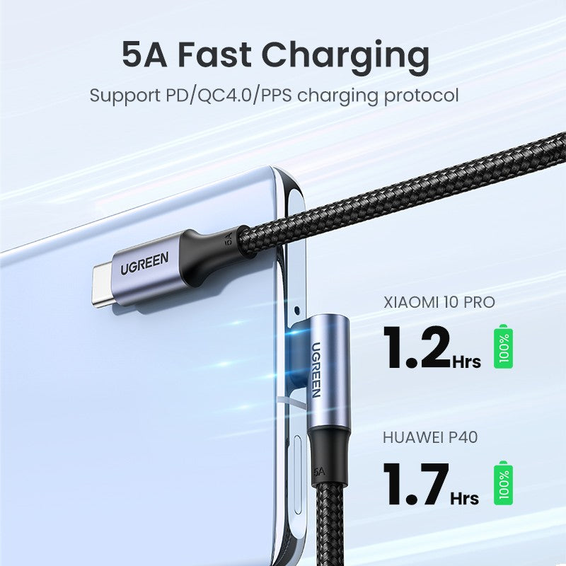 Cable en Ángulo UGREEN PD100W 60W USB C a USB Tipo C, Carga Rápida para iPhone 17 16 MacBook Samsung QC4.0 3.0, Cable de 90 Grados