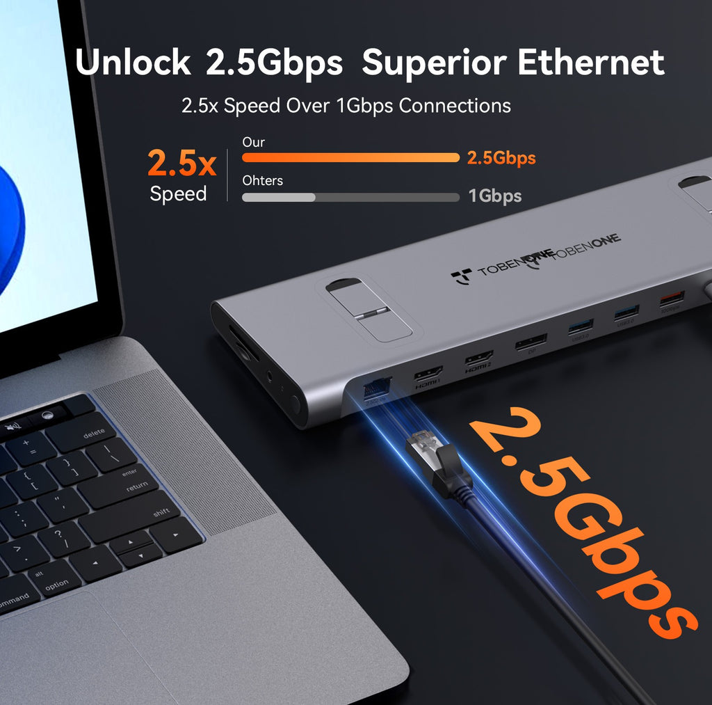 TobenONE Estación de acoplamiento USB C Soporte para computadora portátil Monitor 4K dual/triple con fuente de alimentación Gan III de 100 W, Ethernet de 2,5 Gbps
