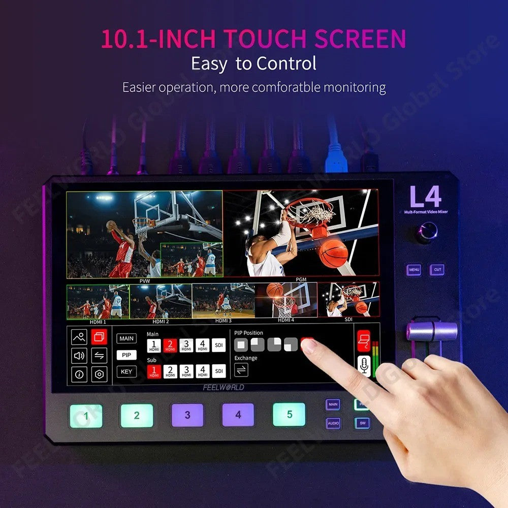 FEELWORLD L4 conmutador de vídeo para cámara, pantalla táctil de 10,1 pulgadas,