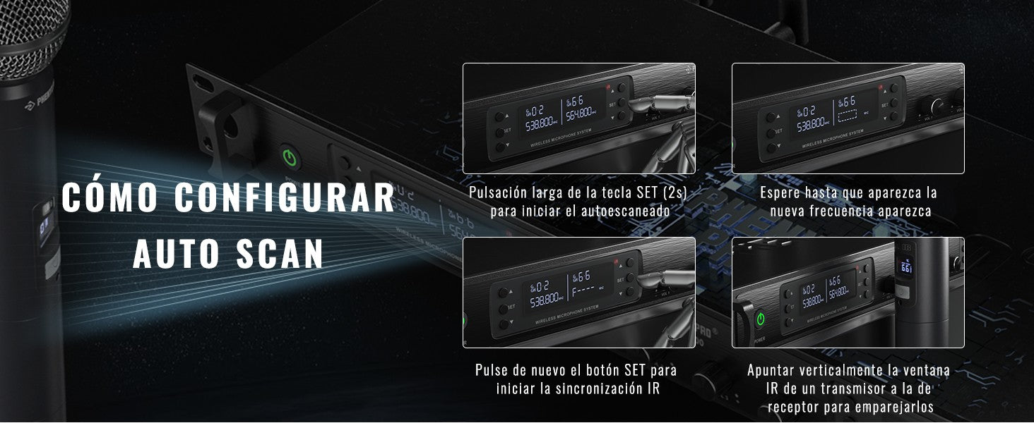 Micrófono inalámbrico profesional UHF Phenyx Pro 4 canales escaneo automático frecuencia seleccionable Metal 100M para cantar Iglesia PTU7000