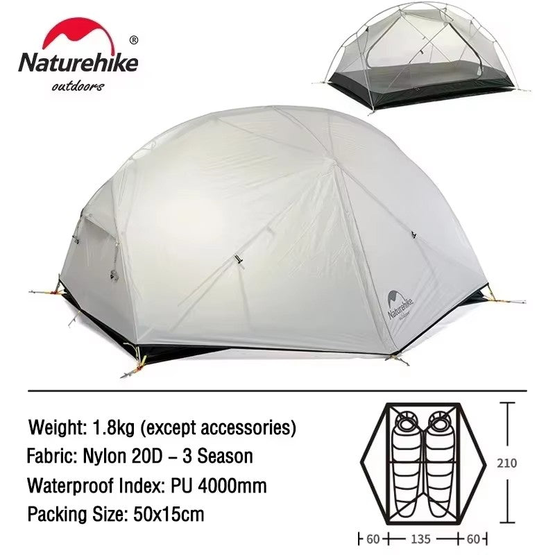 Carpa Naturehike Mongar 2 para Camping y Playa, Nailon 20D Impermeable, Carpa para 2 Personas, Mongar UL Ultraligera, Carpa de Senderismo para 3 Estaciones