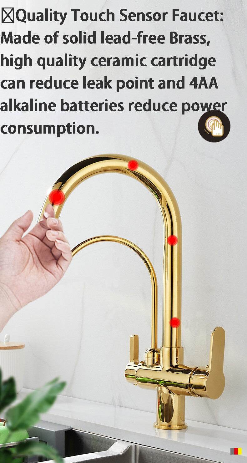 Grifos de cocina con filtro táctil inteligente, grifo mezclador de cocina extraíble en frío y caliente, color negro y dorado, Sensor de rotación, grifo de cocina con filtro táctil